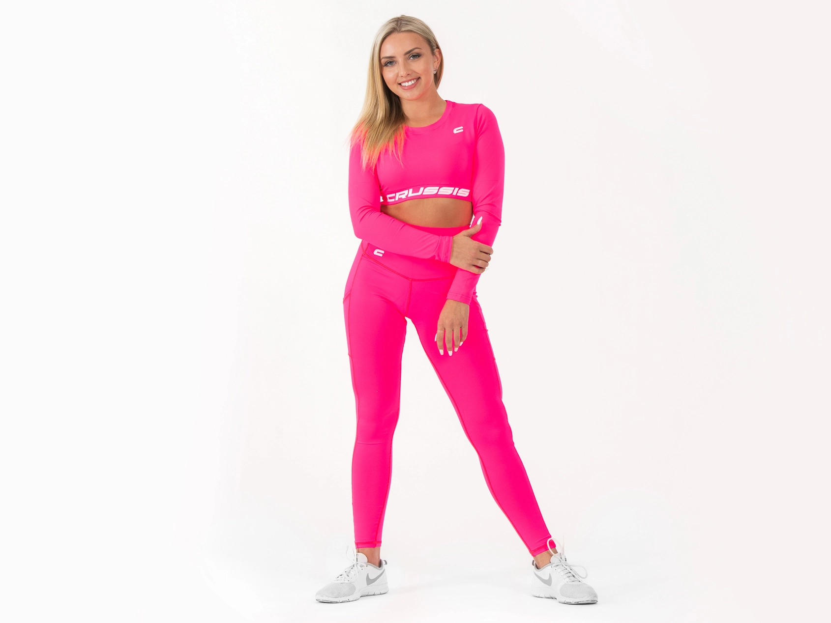 Crussis Crop Top dámský dlouhý rukáv NEON PINK M - Obrázek 3