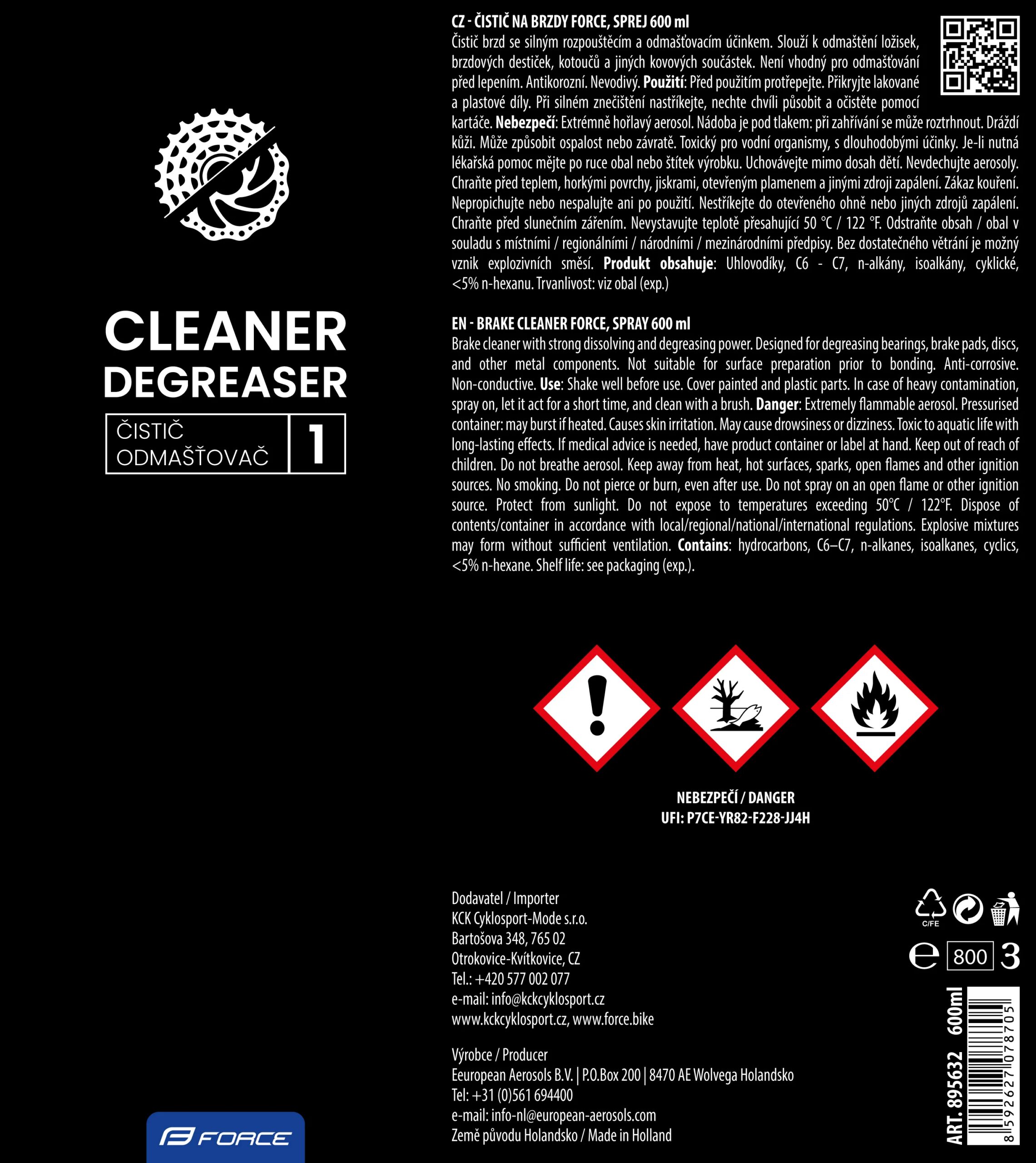 čistič na brzdy FORCE, sprej 600 ml - Obrázek 2