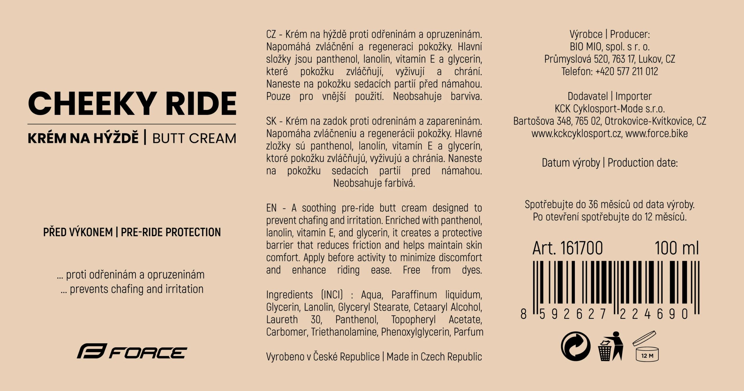 krém na hýždě FORCE CHEEKY RIDE, tuba 100 ml - Obrázek 2