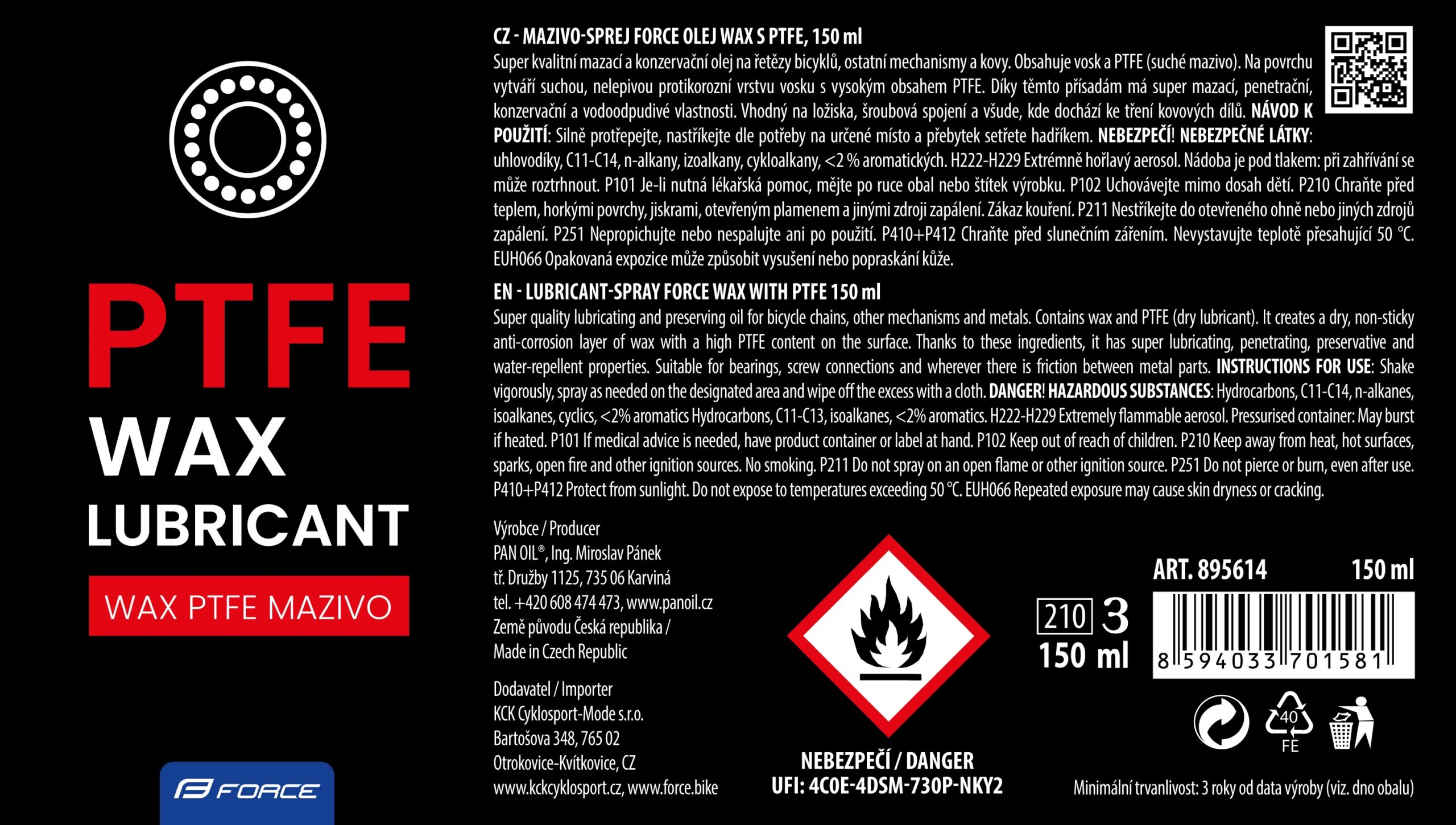 mazivo-sprej FORCE olej WAX s PTFE, 150ml - Obrázek 2