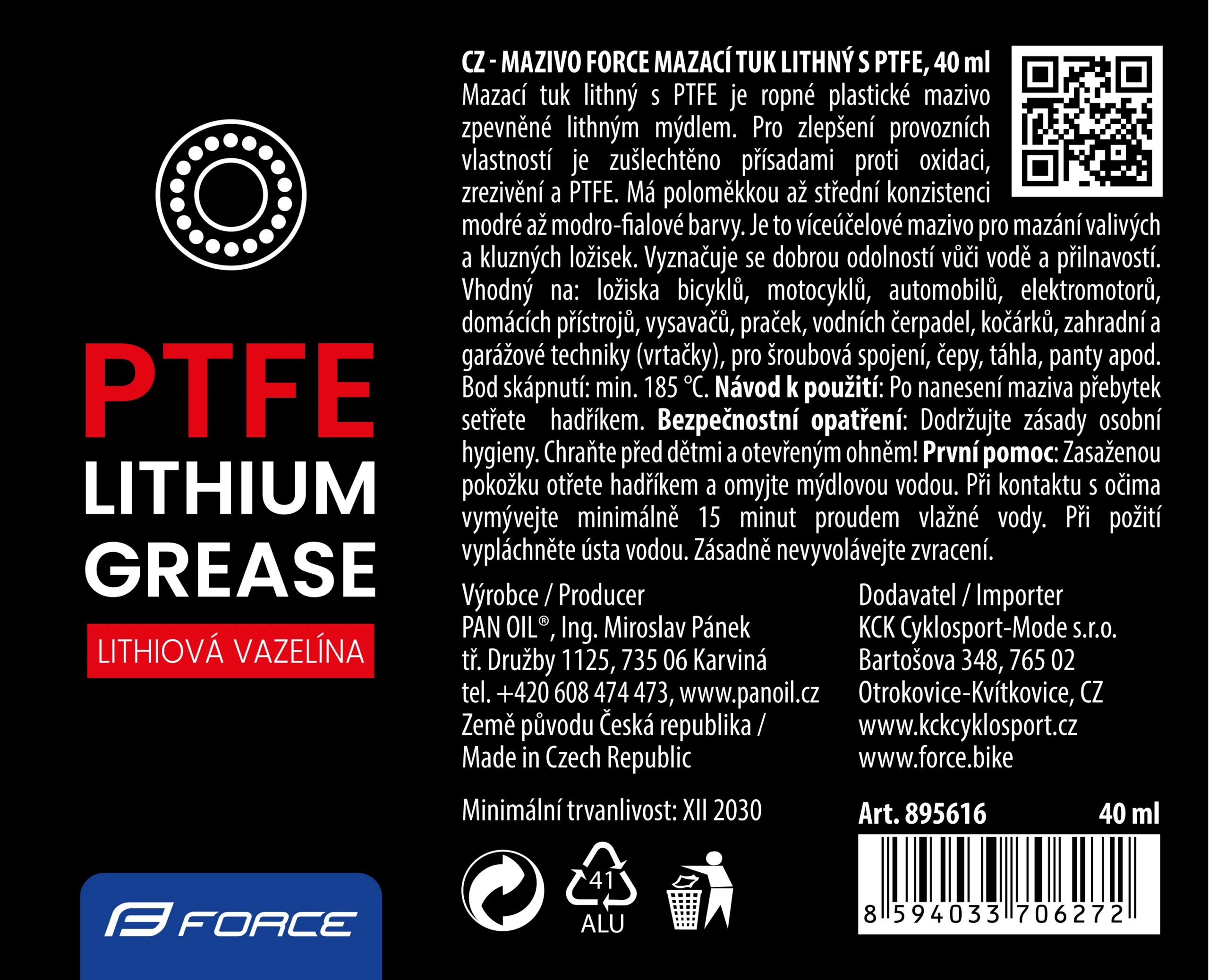 mazivo-tuba FORCE mazací tuk litný s PTFE, 40ml - Obrázek 2