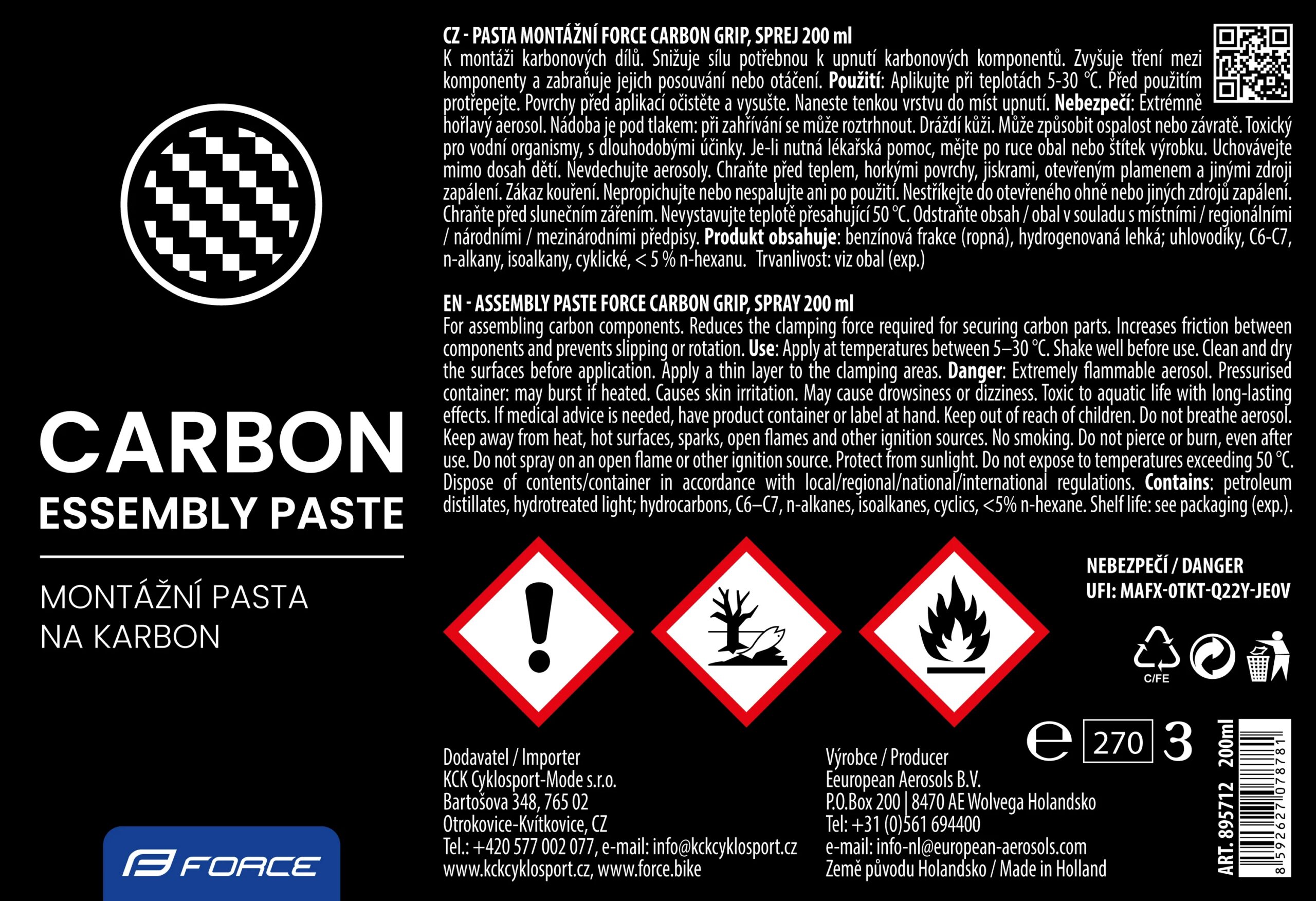 pasta montážní FORCE Carbon Grip, sprej 200 ml - Obrázek 2
